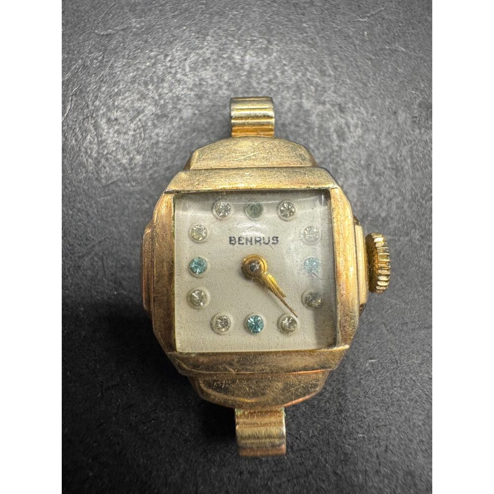 Vintage Benrus Ladies Diamond Light Blue Sapphire Watch 1940s 10K RGP Bezel